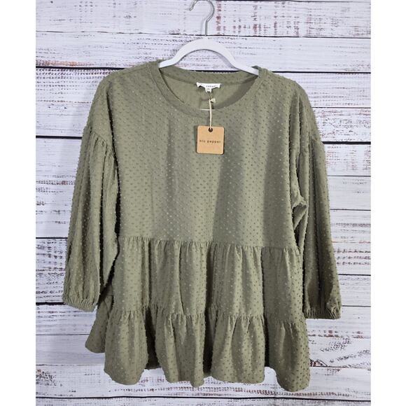 Blu Pepper Olive Green Tiered babydoll peplum long sleeve blouse NWT size Medium - Picture 1 of 3